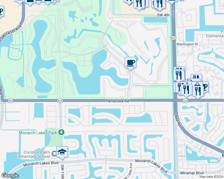 map of restaurants, bars, coffee shops, grocery stores, and more near 13001 Southwest 15th Court in Pembroke Pines