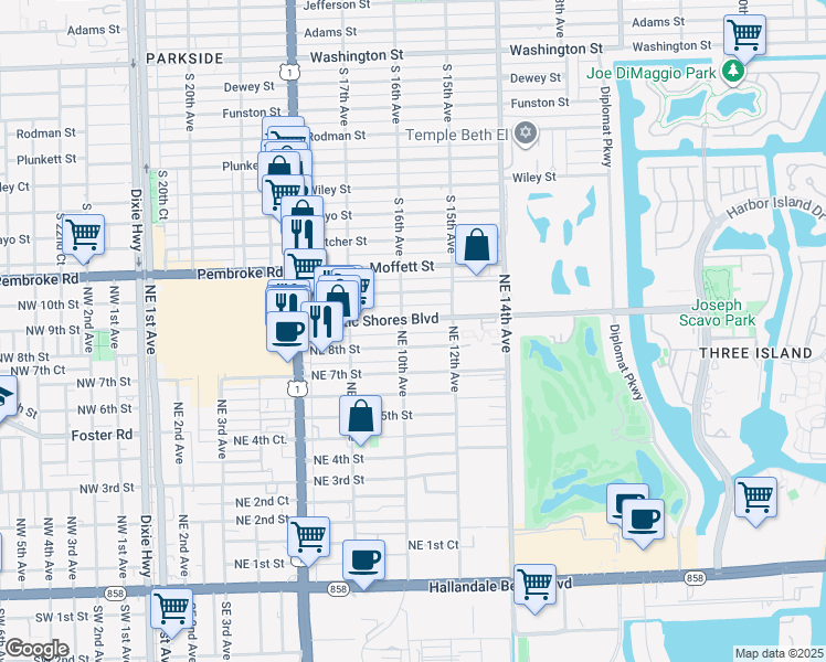 map of restaurants, bars, coffee shops, grocery stores, and more near 1001 Atlantic Shores Boulevard in Hallandale Beach