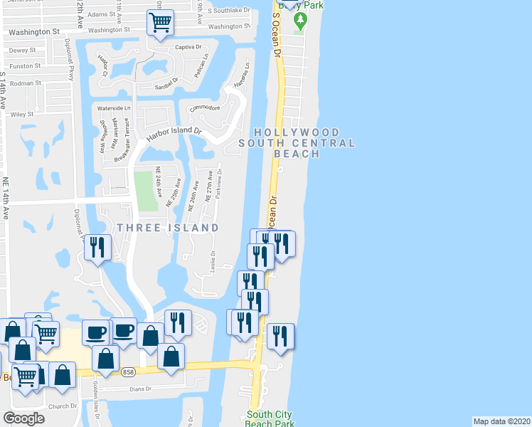 map of restaurants, bars, coffee shops, grocery stores, and more near 3000 South Ocean Drive in Hollywood