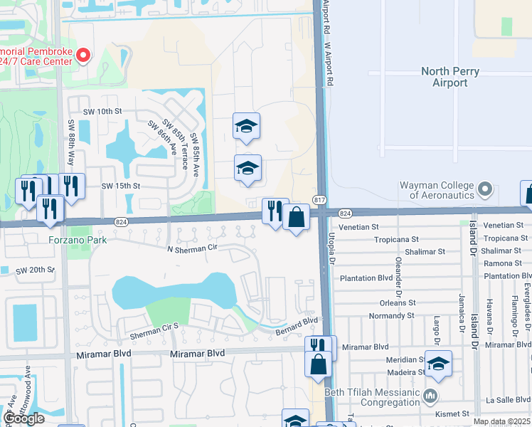 map of restaurants, bars, coffee shops, grocery stores, and more near 8213 Pembroke Road in Pembroke Pines