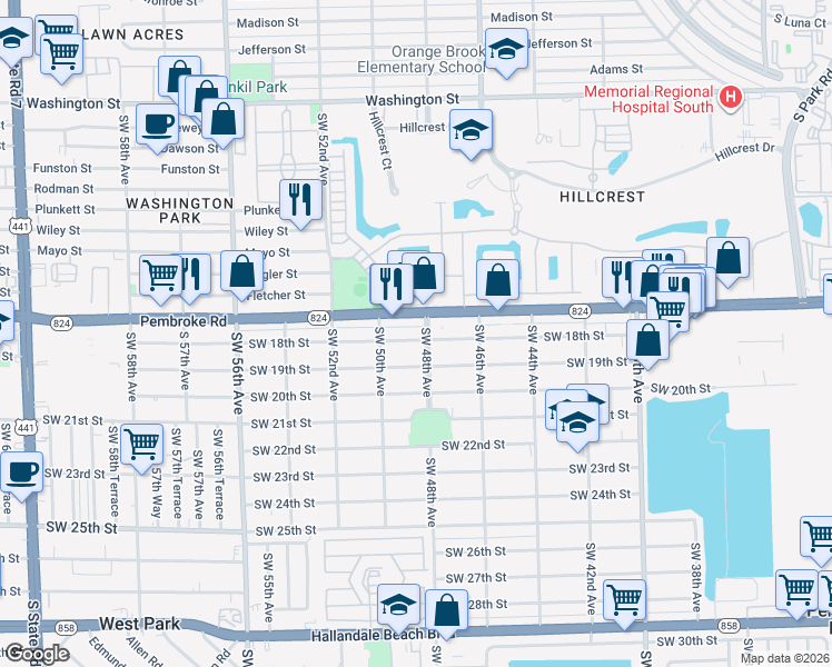 map of restaurants, bars, coffee shops, grocery stores, and more near 4800 Pembroke Road in Hollywood