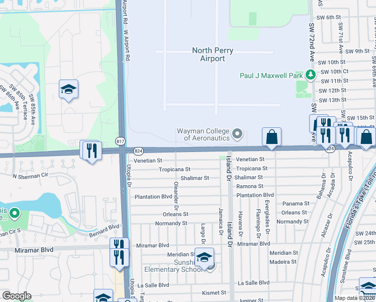 map of restaurants, bars, coffee shops, grocery stores, and more near in Miramar