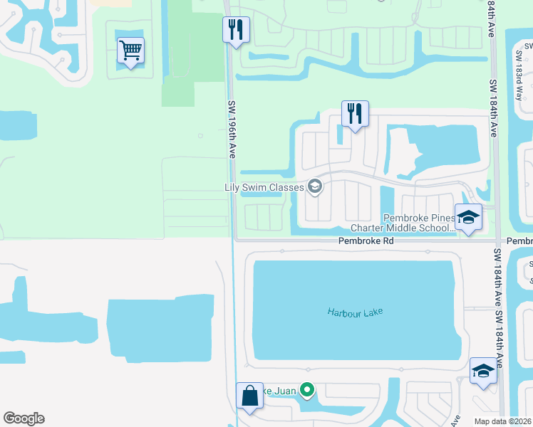 map of restaurants, bars, coffee shops, grocery stores, and more near 1511 Southwest 193rd Terrace in Pembroke Pines
