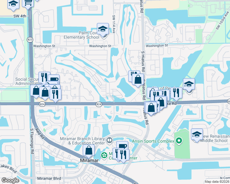 map of restaurants, bars, coffee shops, grocery stores, and more near 1359 Southwest 113th Avenue in Pembroke Pines
