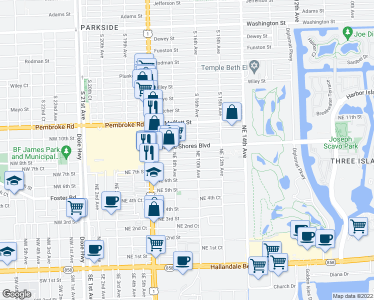 map of restaurants, bars, coffee shops, grocery stores, and more near 900 Atlantic Shores Boulevard in Hallandale Beach