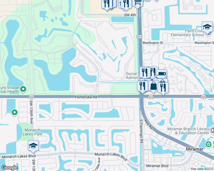 map of restaurants, bars, coffee shops, grocery stores, and more near 12750 Southwest 15th Street in Pembroke Pines