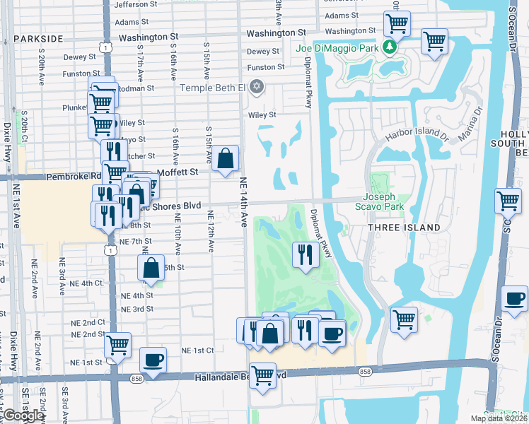 map of restaurants, bars, coffee shops, grocery stores, and more near 1450 Atlantic Shores Boulevard in Hallandale Beach