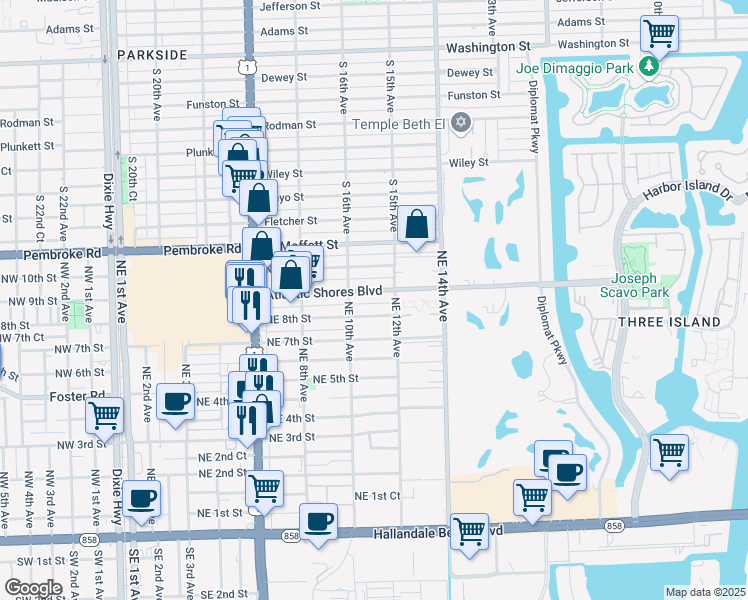 map of restaurants, bars, coffee shops, grocery stores, and more near 1100 Atlantic Shores Boulevard in Hallandale Beach