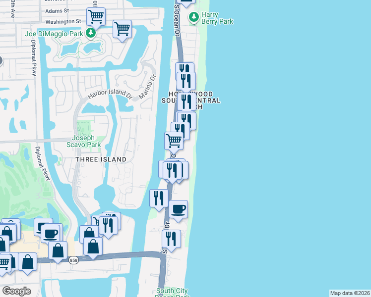 map of restaurants, bars, coffee shops, grocery stores, and more near 3001 South Ocean Drive in Hollywood