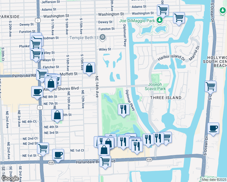 map of restaurants, bars, coffee shops, grocery stores, and more near 1457 Atlantic Shores Boulevard in Hallandale Beach