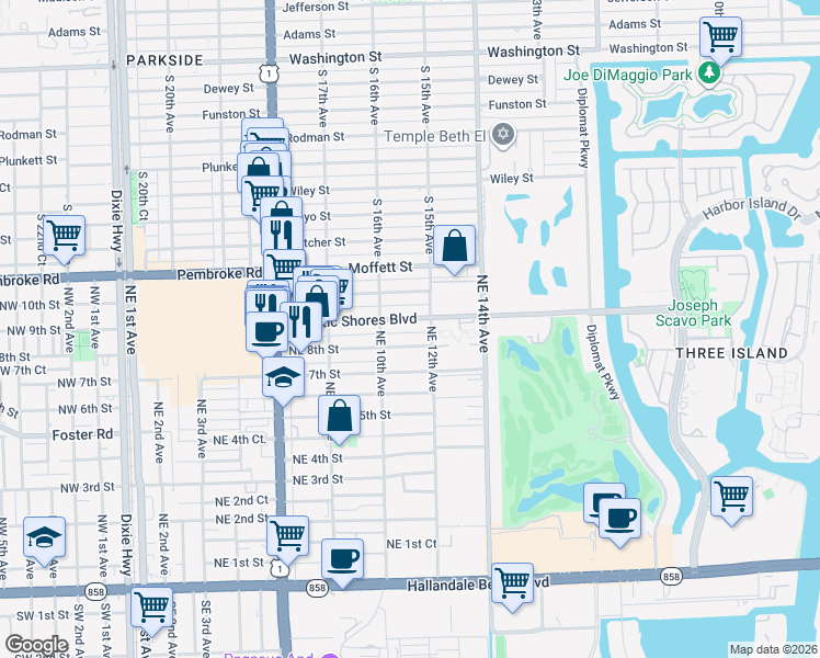 map of restaurants, bars, coffee shops, grocery stores, and more near 1001 Atlantic Shores Boulevard in Hallandale Beach
