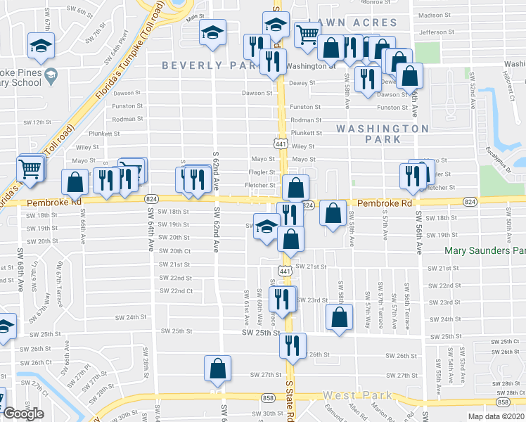 map of restaurants, bars, coffee shops, grocery stores, and more near 1718 Southwest 60th Terrace in Miramar