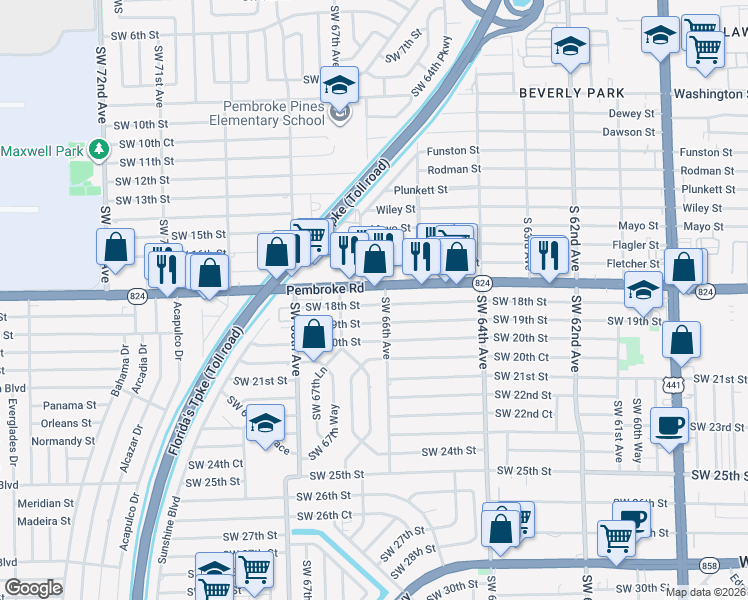 map of restaurants, bars, coffee shops, grocery stores, and more near 6610 Pembroke Road in Pembroke Pines