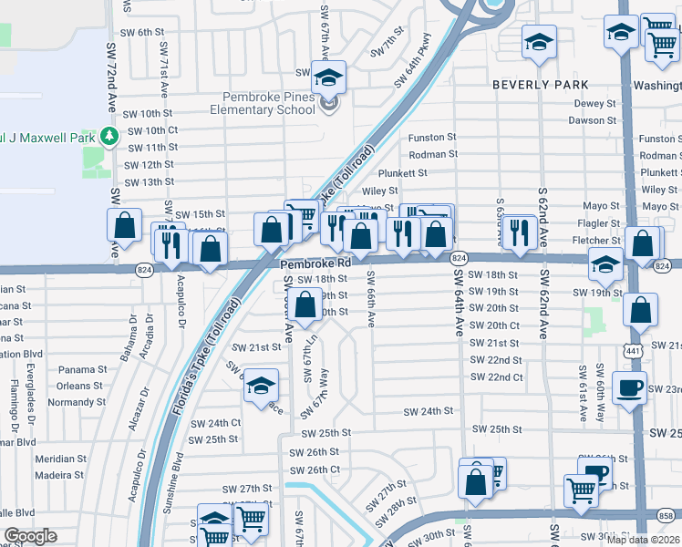 map of restaurants, bars, coffee shops, grocery stores, and more near 6610 Pembroke Road in Pembroke Pines