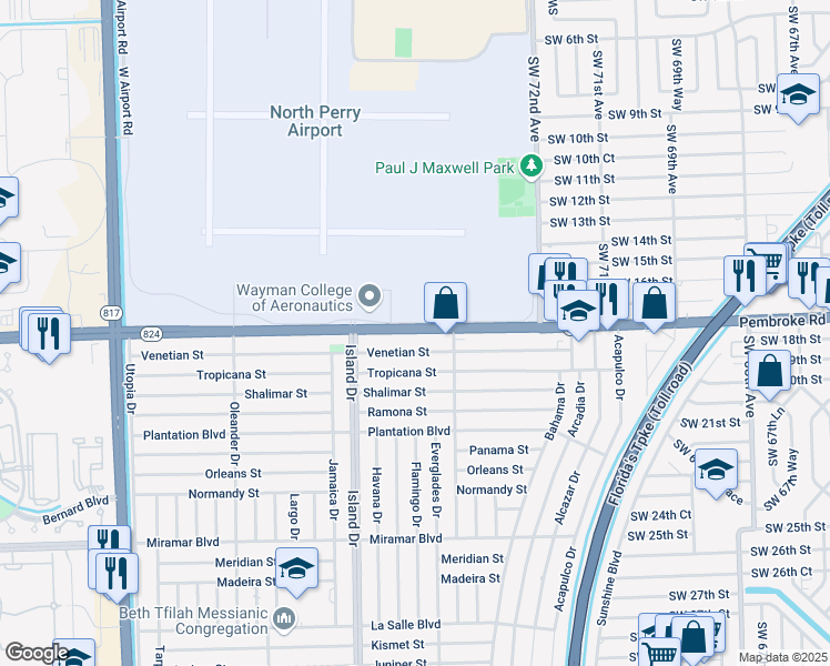 map of restaurants, bars, coffee shops, grocery stores, and more near 7491 South Airport Road in Pembroke Pines