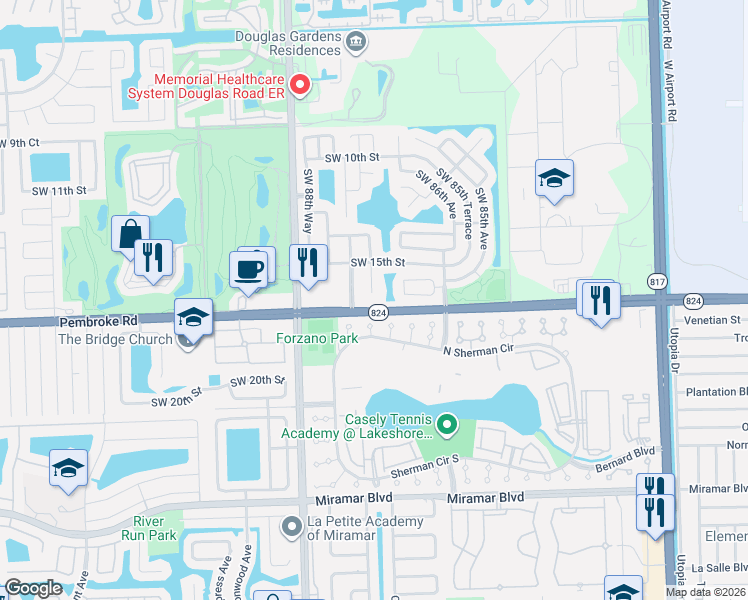 map of restaurants, bars, coffee shops, grocery stores, and more near 1550 Southwest 87th Terrace in Pembroke Pines