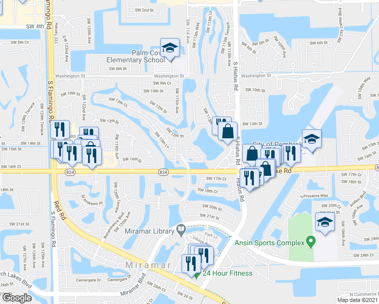 map of restaurants, bars, coffee shops, grocery stores, and more near 1359 Southwest 113th Avenue in Pembroke Pines