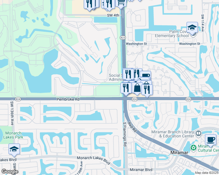 map of restaurants, bars, coffee shops, grocery stores, and more near 12650 Southwest 15th Street in Pembroke Pines