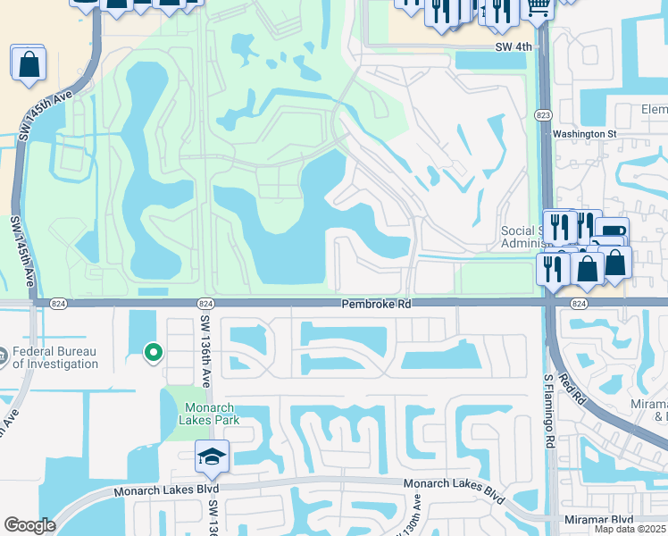 map of restaurants, bars, coffee shops, grocery stores, and more near 1501 Southwest 131st Way in Pembroke Pines