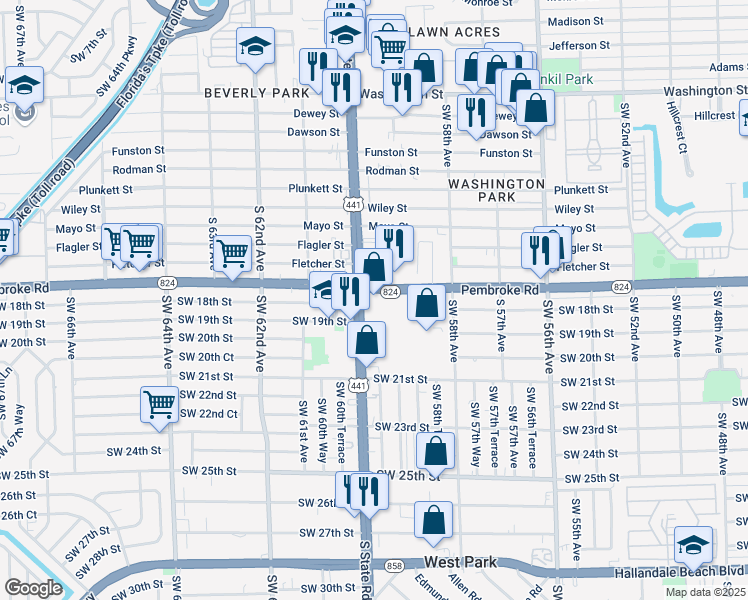 map of restaurants, bars, coffee shops, grocery stores, and more near 5930 Pembroke Road in West Park