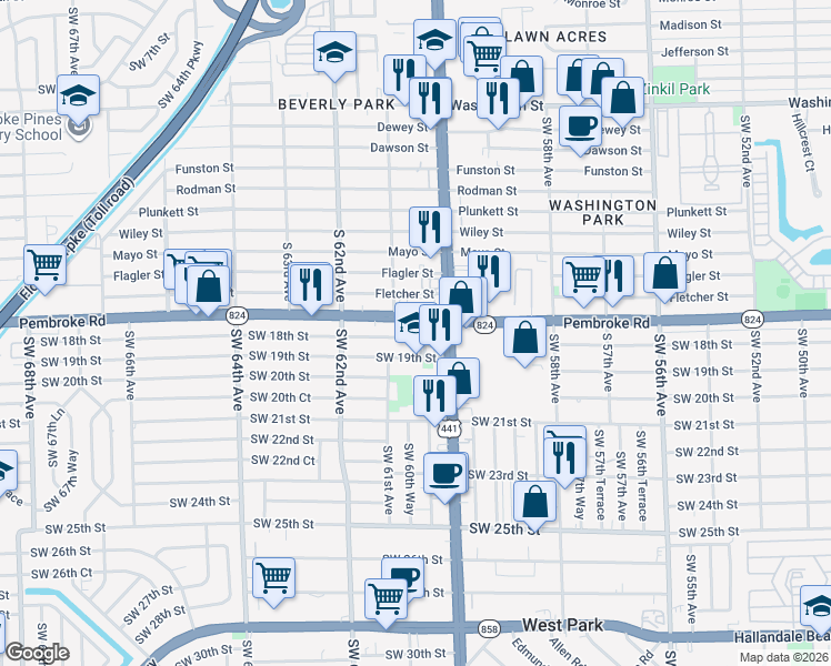map of restaurants, bars, coffee shops, grocery stores, and more near 6041 Southwest 18th Street in Miramar