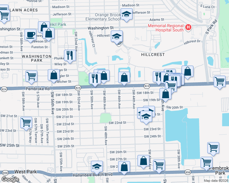 map of restaurants, bars, coffee shops, grocery stores, and more near 4635 Southwest 18th Street in West Park