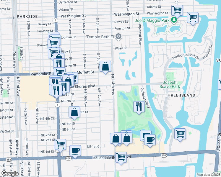 map of restaurants, bars, coffee shops, grocery stores, and more near 1420 Atlantic Shores Boulevard in Hallandale Beach