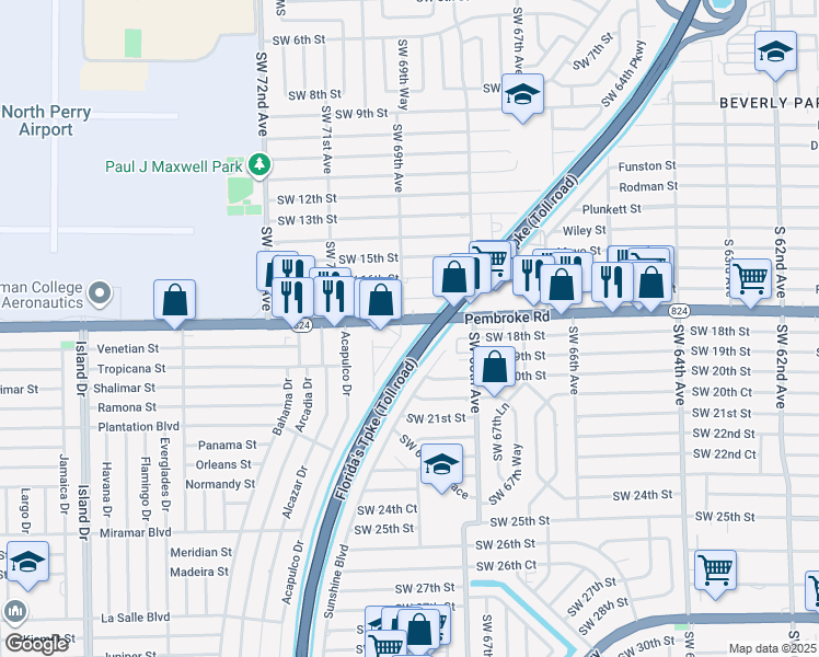 map of restaurants, bars, coffee shops, grocery stores, and more near 6942 Pembroke Road in Pembroke Pines