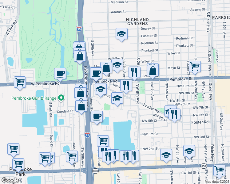 map of restaurants, bars, coffee shops, grocery stores, and more near 908 Northwest 10th Street in Hallandale Beach