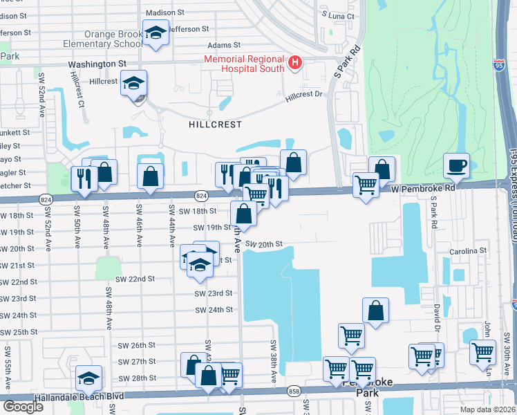 map of restaurants, bars, coffee shops, grocery stores, and more near 3996 Pembroke Road in Pembroke Park