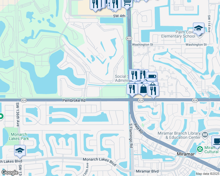 map of restaurants, bars, coffee shops, grocery stores, and more near 12650 Southwest 15th Street in Pembroke Pines