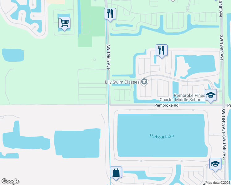 map of restaurants, bars, coffee shops, grocery stores, and more near 1511 Southwest 194th Terrace in Pembroke Pines