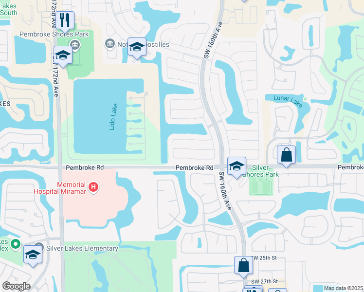 map of restaurants, bars, coffee shops, grocery stores, and more near 16337 Southwest 15th Street in Pembroke Pines