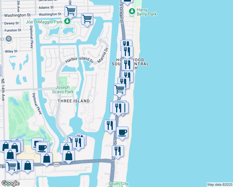 map of restaurants, bars, coffee shops, grocery stores, and more near 3000 South Ocean Drive in Hollywood