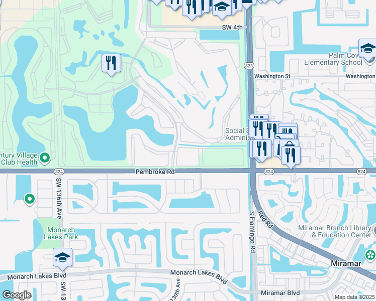 map of restaurants, bars, coffee shops, grocery stores, and more near 12750 Southwest 15th Street in Pembroke Pines