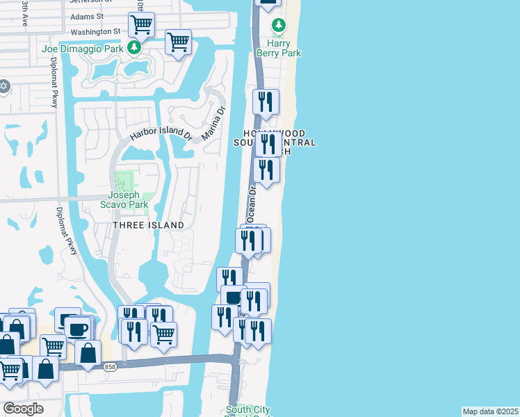 map of restaurants, bars, coffee shops, grocery stores, and more near 3001 South Ocean Drive in Hollywood