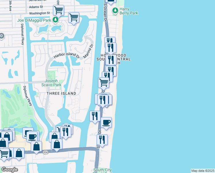map of restaurants, bars, coffee shops, grocery stores, and more near 3001 South Ocean Drive in Hollywood