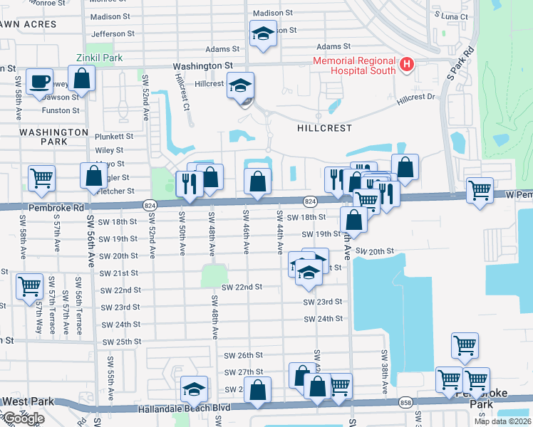 map of restaurants, bars, coffee shops, grocery stores, and more near 4424 Pembroke Road in Hollywood