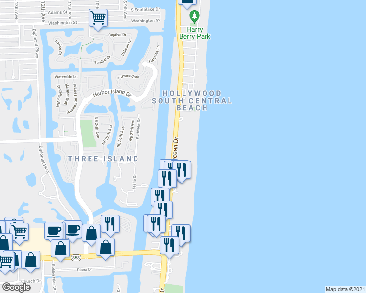 map of restaurants, bars, coffee shops, grocery stores, and more near 3001 South Ocean Drive in Hollywood