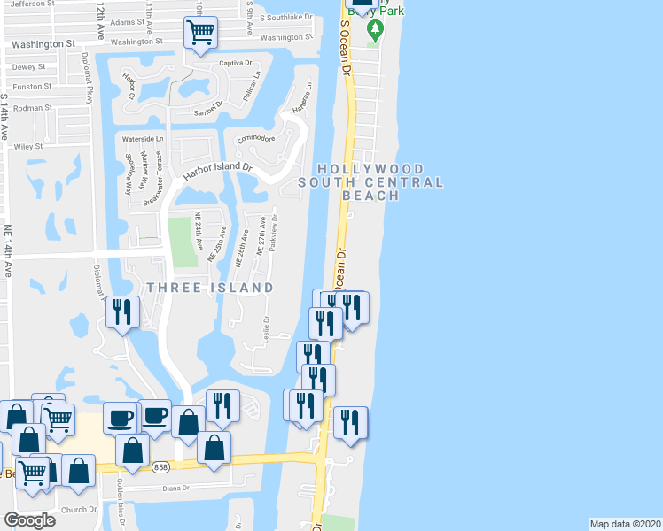 map of restaurants, bars, coffee shops, grocery stores, and more near 3000 South Ocean Drive in Hollywood