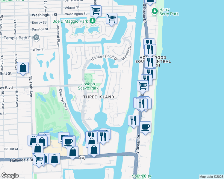 map of restaurants, bars, coffee shops, grocery stores, and more near 814 Northeast 27th Avenue in Hallandale Beach