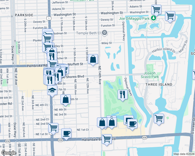 map of restaurants, bars, coffee shops, grocery stores, and more near 1420 Atlantic Shores Boulevard in Hallandale Beach
