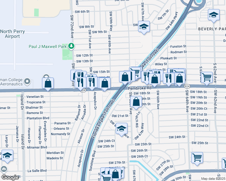 map of restaurants, bars, coffee shops, grocery stores, and more near 6942 Pembroke Road in Pembroke Pines