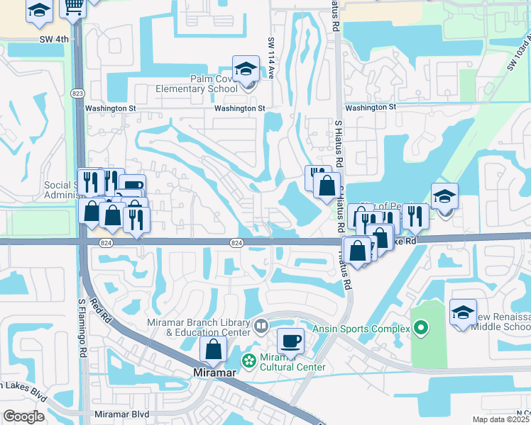 map of restaurants, bars, coffee shops, grocery stores, and more near 1393 Southwest 115th Avenue in Miramar