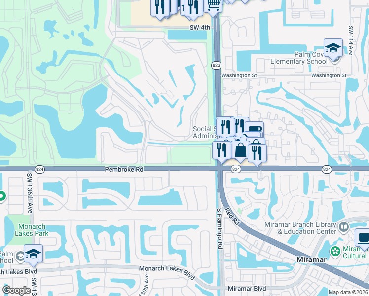 map of restaurants, bars, coffee shops, grocery stores, and more near 12650 Southwest 15th Street in Pembroke Pines