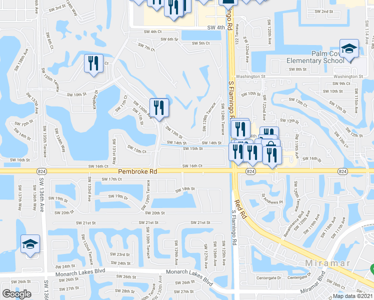 map of restaurants, bars, coffee shops, grocery stores, and more near in Pembroke Pines