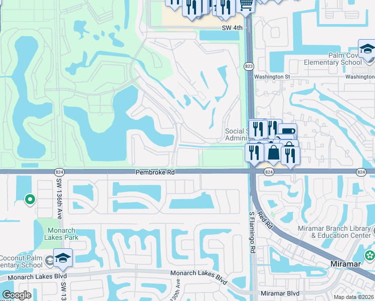 map of restaurants, bars, coffee shops, grocery stores, and more near 12750 Southwest 15th Street in Pembroke Pines