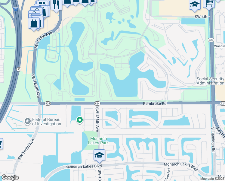 map of restaurants, bars, coffee shops, grocery stores, and more near 1401 Southwest 134th Way in Pembroke Pines