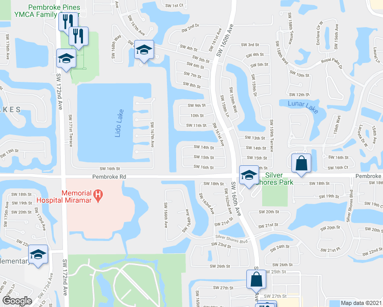 map of restaurants, bars, coffee shops, grocery stores, and more near 16336 Southwest 14th Street in Pembroke Pines
