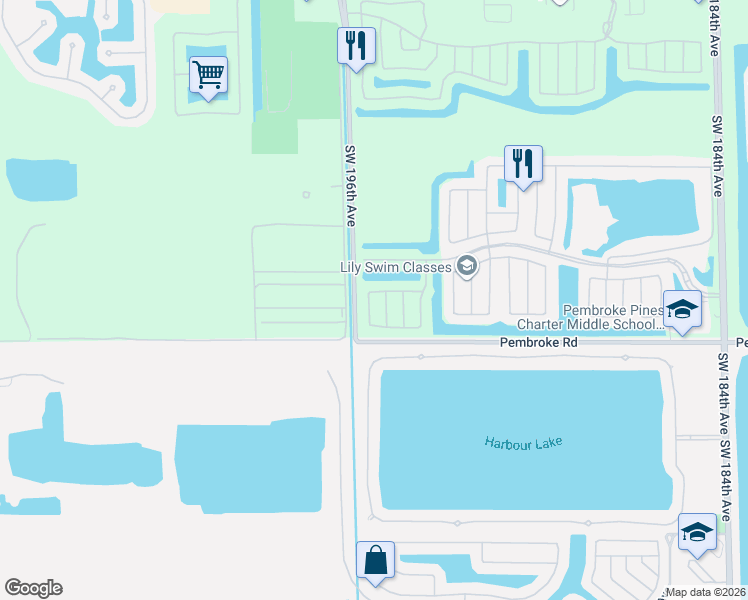 map of restaurants, bars, coffee shops, grocery stores, and more near 1511 Southwest 194th Terrace in Pembroke Pines